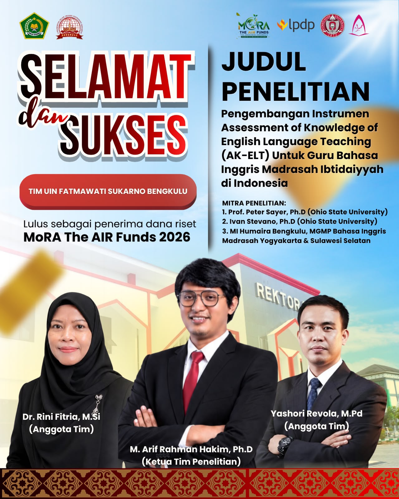 Tim UIN Fatmawati Sukarno Bengkulu Lolos Pendanaan MoRA The AIR Funds 2026 untuk Riset Guru Bahasa Inggris Madrasah